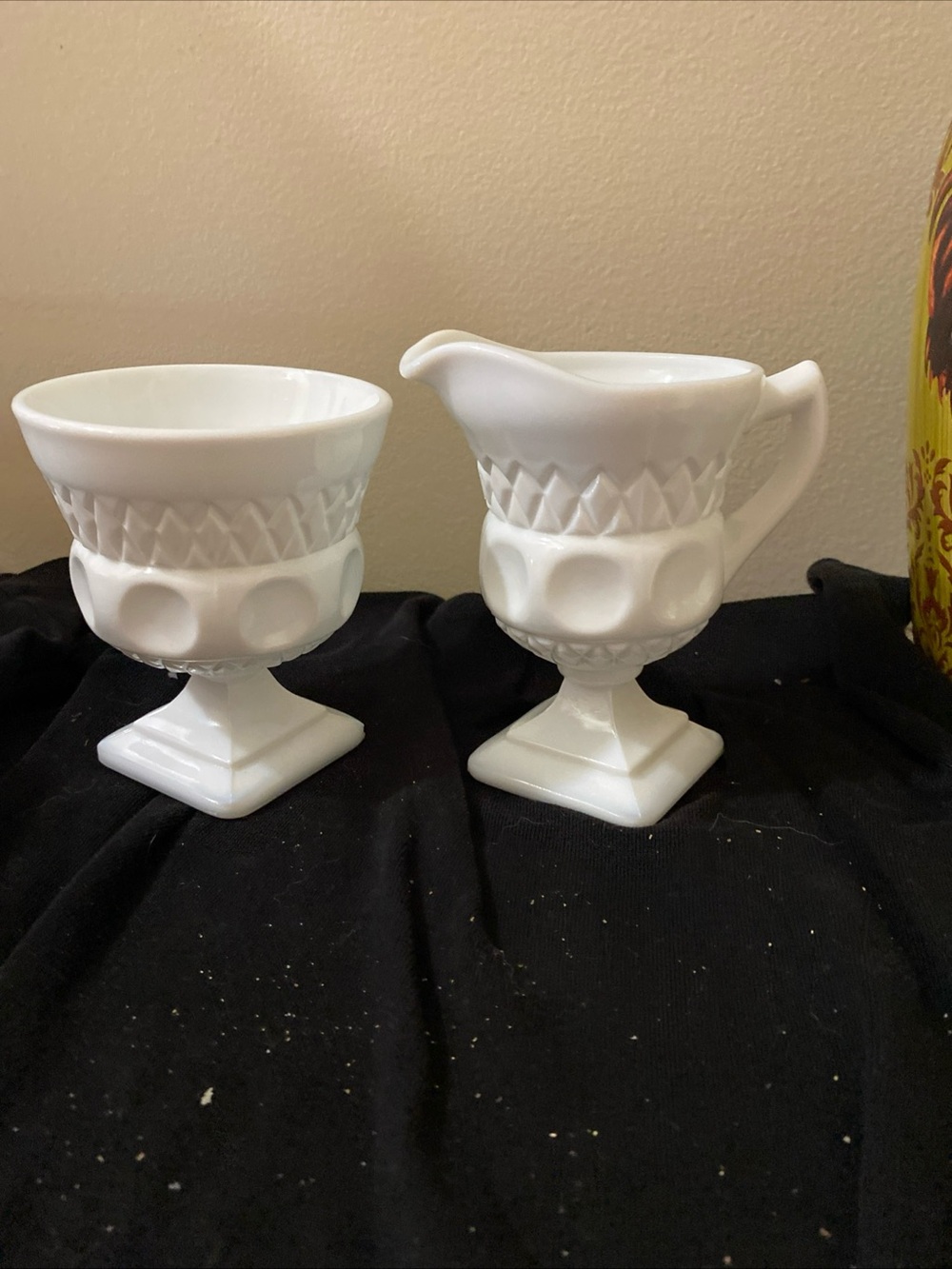 White Milk Glass Creamer and Sugar Pedestal Set by